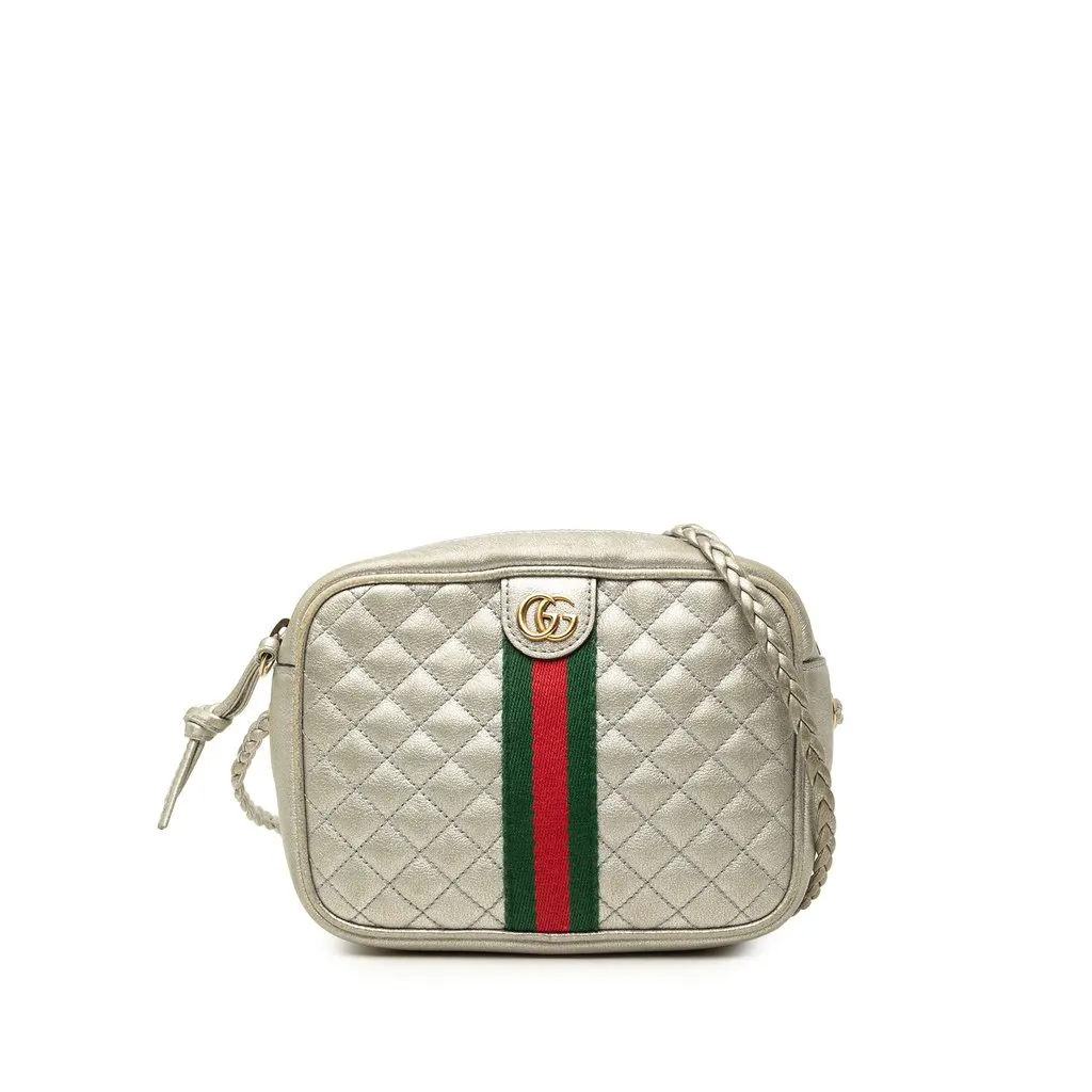 Gucci Mini Quilted Metallic Calfskin Web Trapuntata Crossbody Silver Leather Very good - Front View
