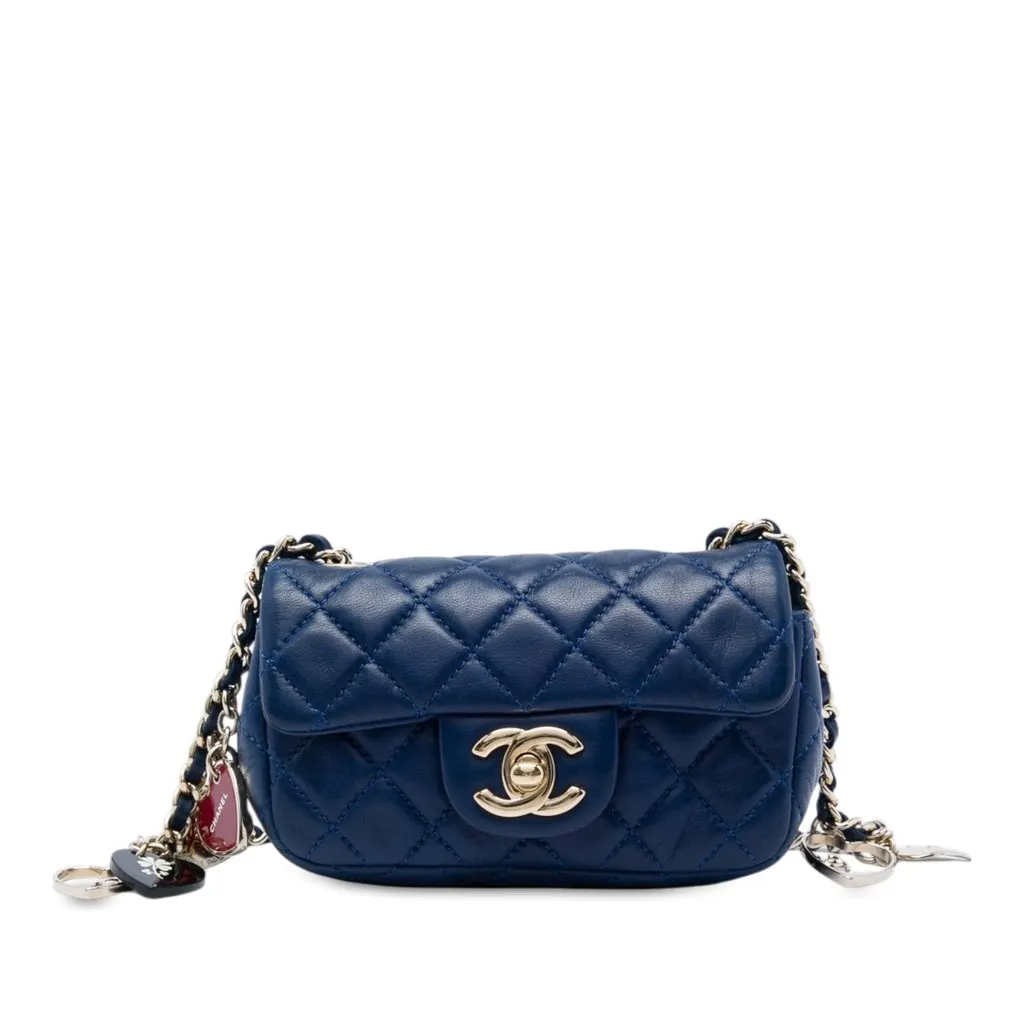 Chanel Extra Mini CC Quilted Lambskin Heart Valentine Charms Flap Blue Leather Very good - Front View