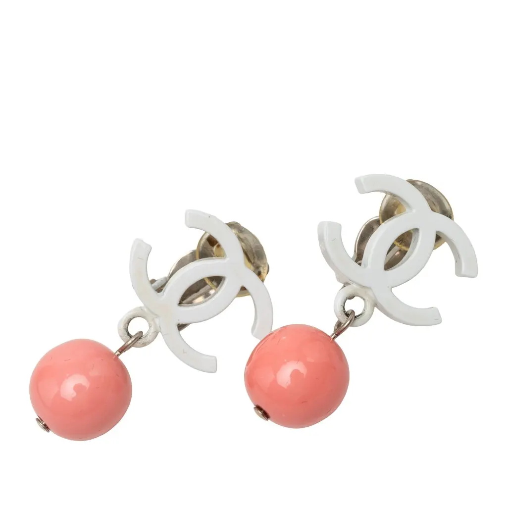Chanel CC Gold Plated Resin Ball Drop Clip On Earrings White Plastic Very good - Front View