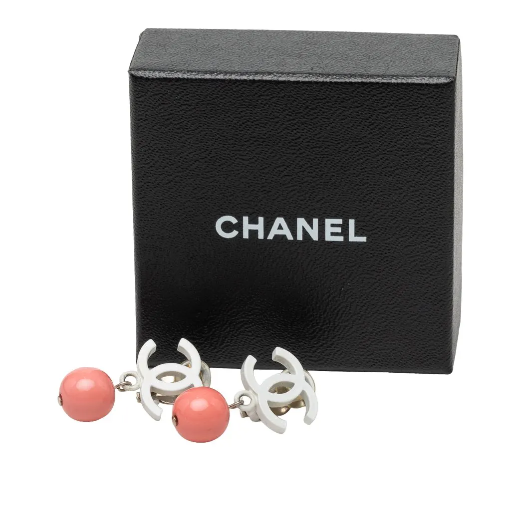 Chanel CC Gold Plated Resin Ball Drop Clip On Earrings White Plastic Very good - Model View