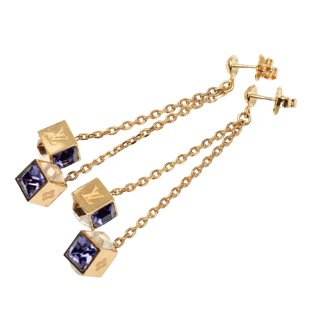 Louis Vuitton Gold Plated Strass Gamble Drop Push Back Earrings Gold Metal Very good - Front View