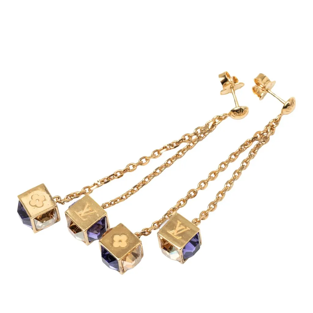 Louis Vuitton Gold Plated Strass Gamble Drop Push Back Earrings Gold Metal Very good - Back View