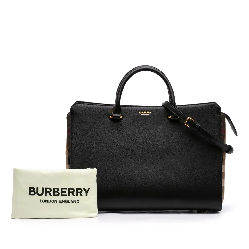 Burberry Leather and Mega Check Canvas Banwell Satchel Black