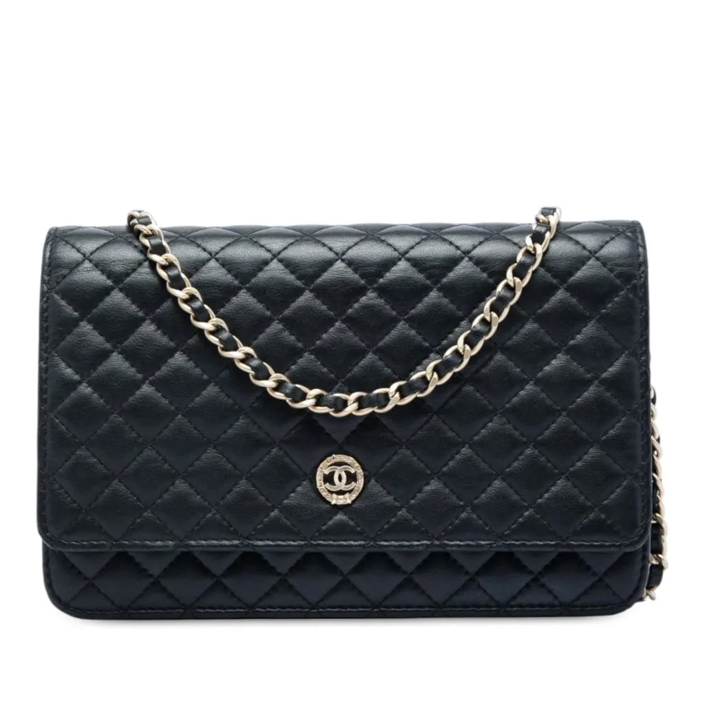 Chanel Quilted Lambskin Crest Wallet On Chain Black Leather Very good - Front View