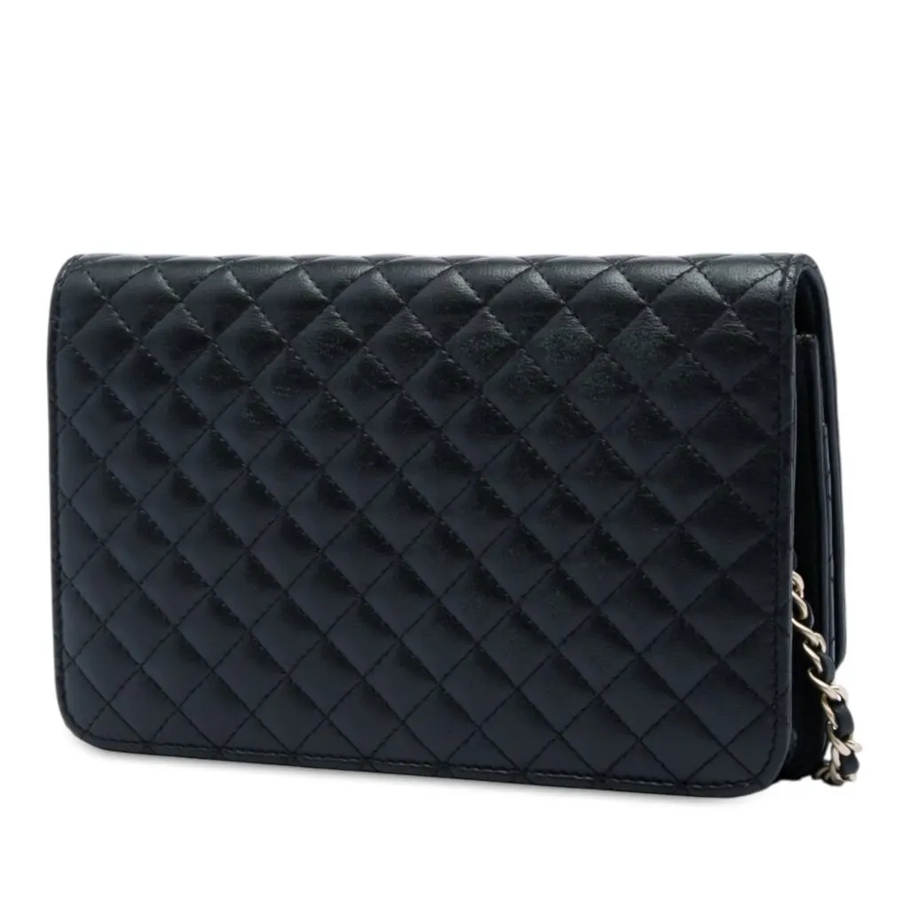Chanel Quilted Lambskin Crest Wallet On Chain Black Leather Very good - Back View