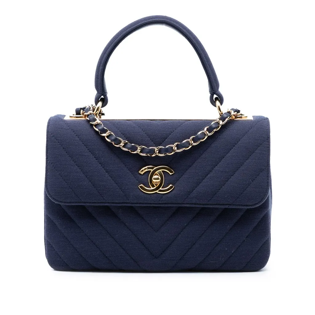 Chanel Small Chevron Jersey Trendy CC Top Handle Flap Blue Cotton Very good - Front View