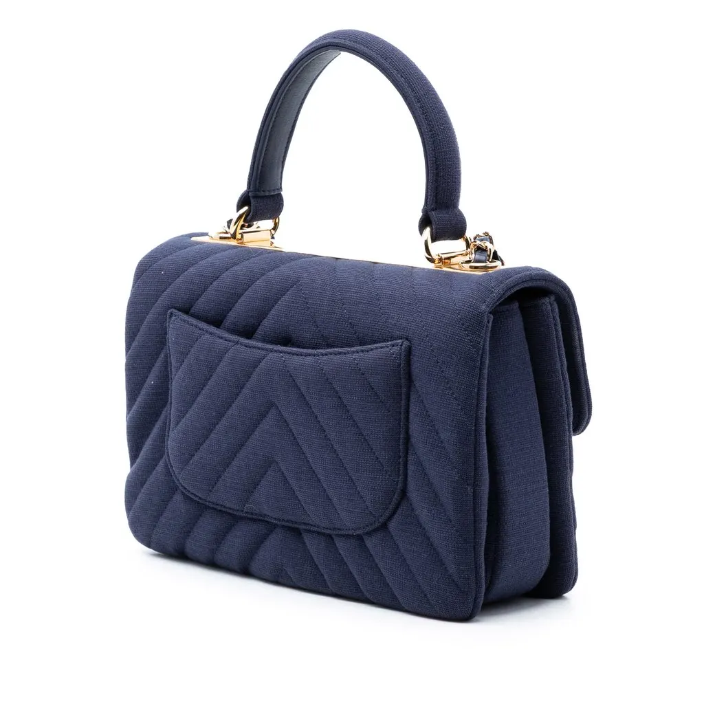 Chanel Small Chevron Jersey Trendy CC Top Handle Flap Blue Cotton Very good - Back View