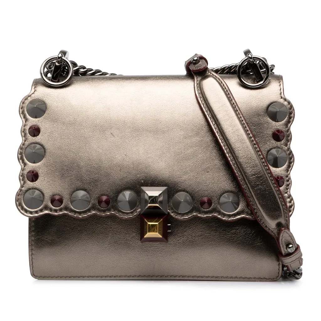 Fendi Mini Scalloped Metallic Studded Leather Kan I Crossbody Gold Leather Very good - Front View