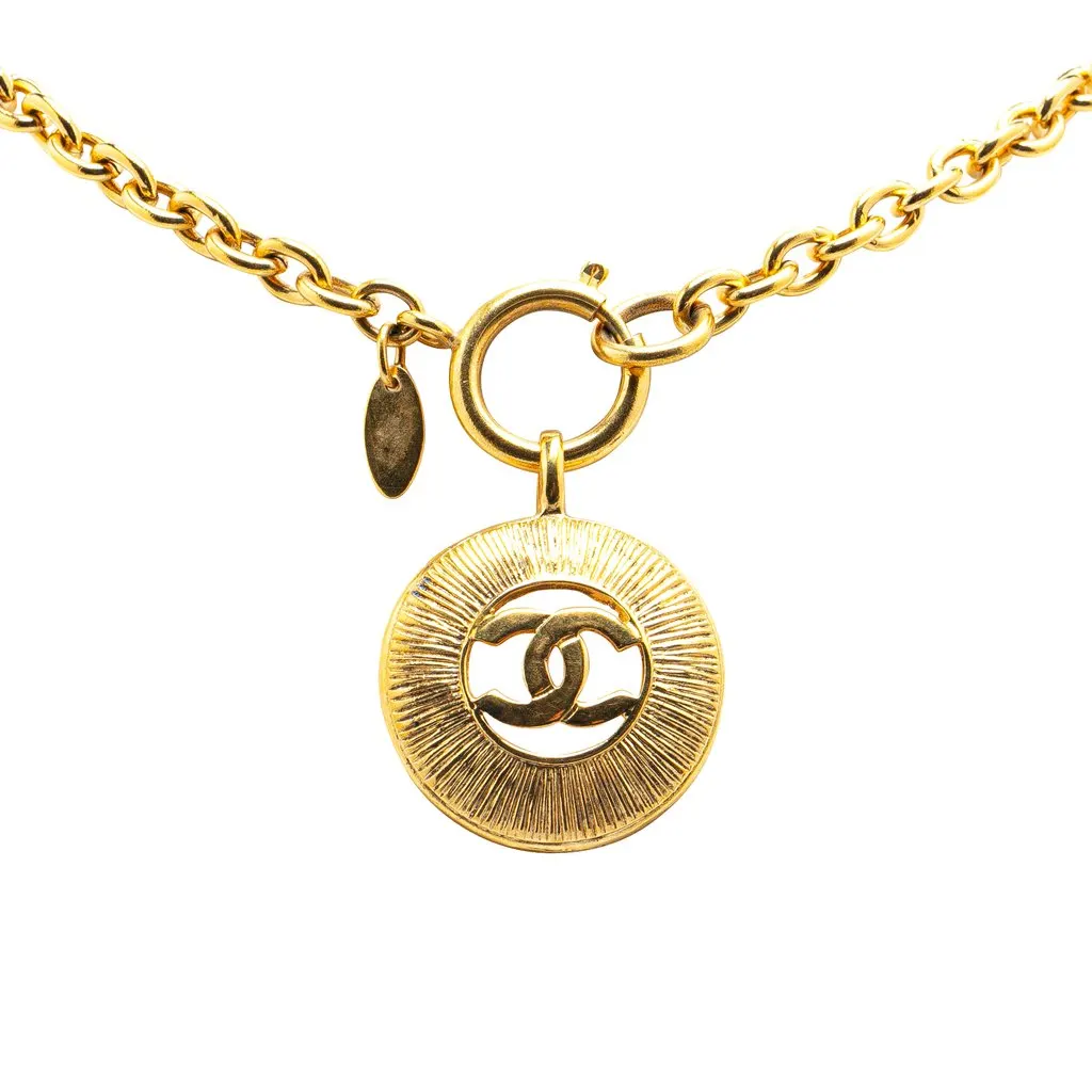 Chanel Gold Plated CC Round Pendant Necklace Gold Metal Very good - Front View