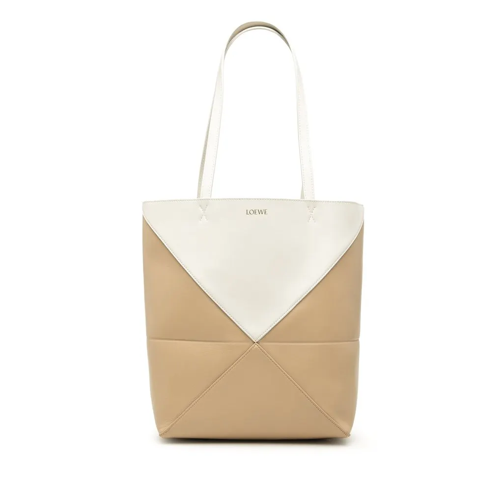 LOEWE Medium Bicolor Shiny Calfskin Puzzle Fold Tote Beige Leather Very good - Front View
