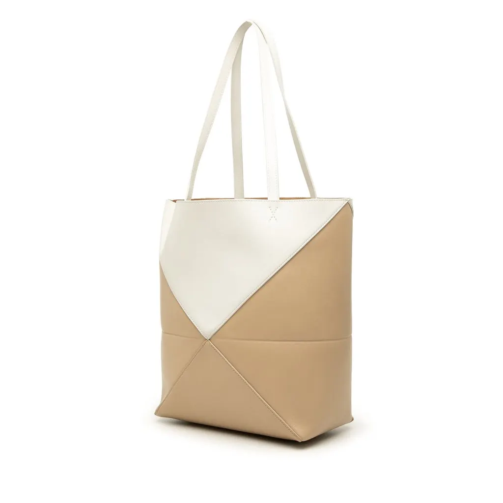 LOEWE Medium Bicolor Shiny Calfskin Puzzle Fold Tote Beige Leather Very good - Back View