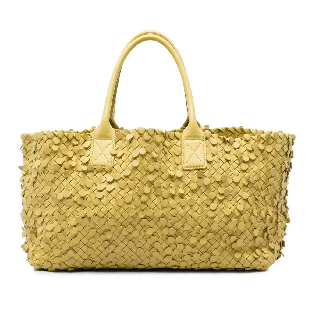 Bottega Veneta Medium Nappa Intrecciato Poussin Paillettes Cabat Tote Yellow Leather Good - Front View