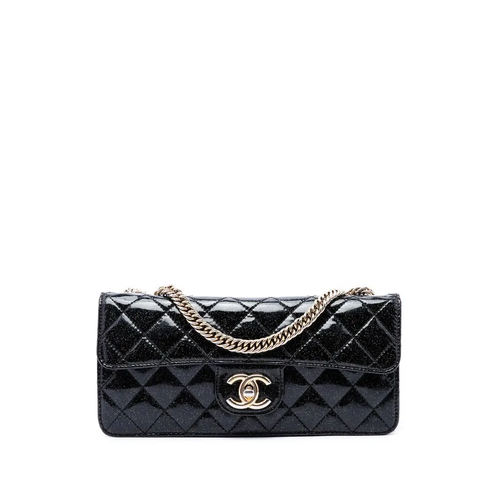 Chanel Quilted Patent Glitter Evening Star East West Flap Black Leather Very good - Front View
