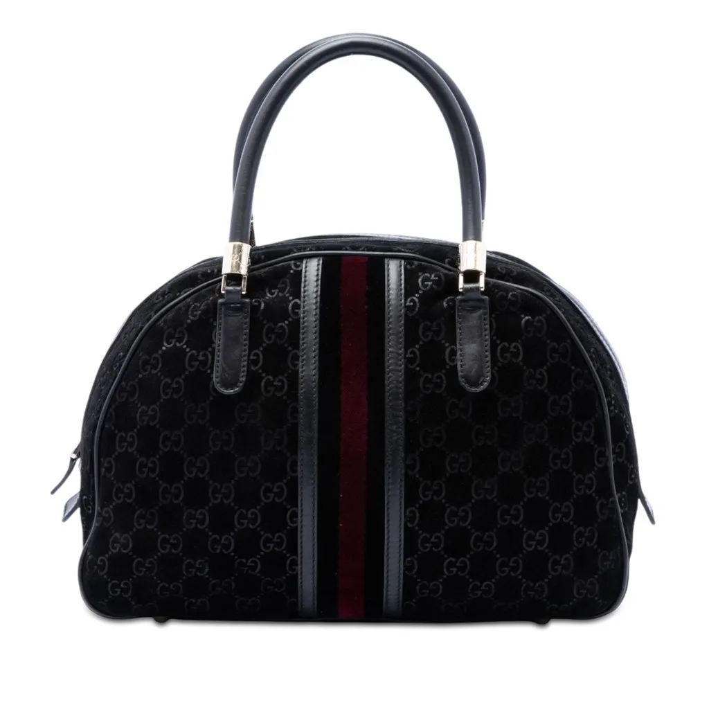 Gucci GG Suede Web Dome Handbag Black Leather Very good - Front View