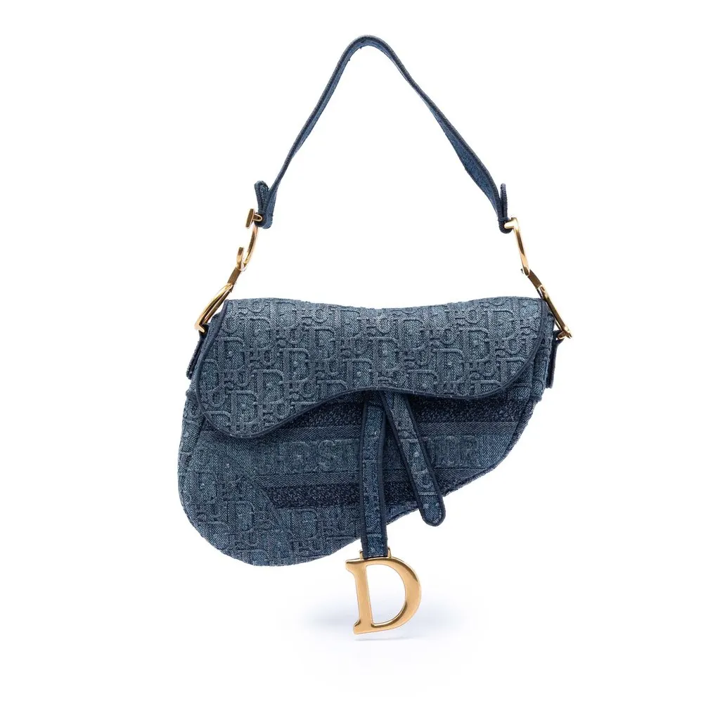 Dior Oblique Embroidered Denim Saddle Bag Blue Very good - Front View