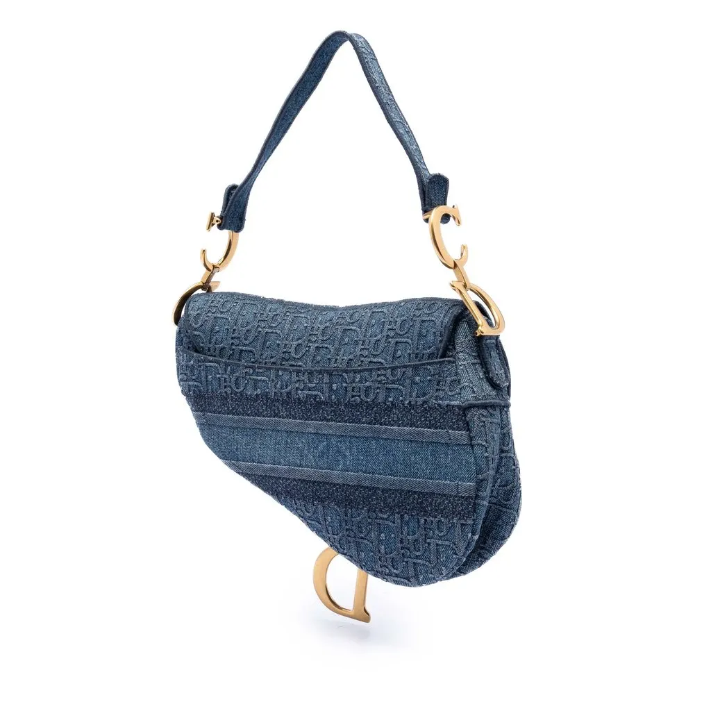 Dior Oblique Embroidered Denim Saddle Bag Blue Very good - Back View