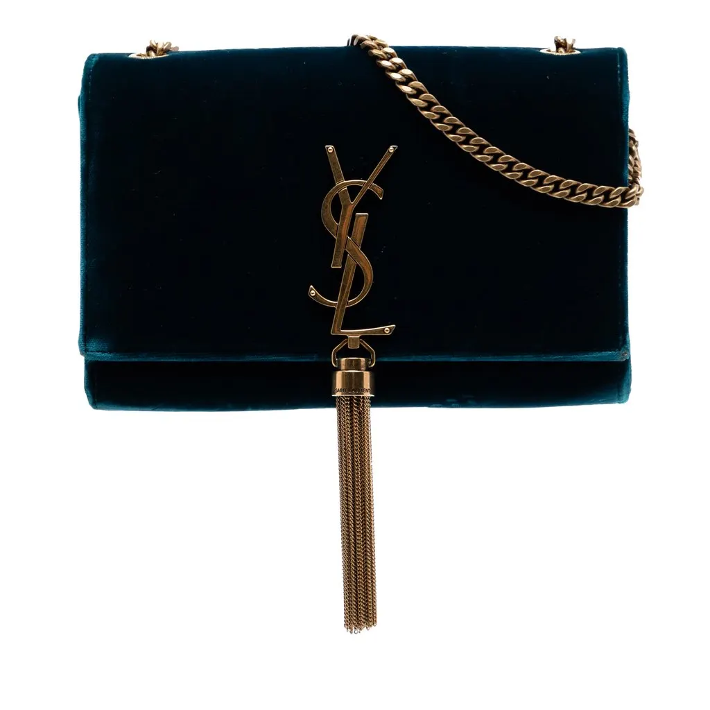 Saint Laurent Small Velvet Monogram Kate Tassel Crossbody Blue Very good - Front View