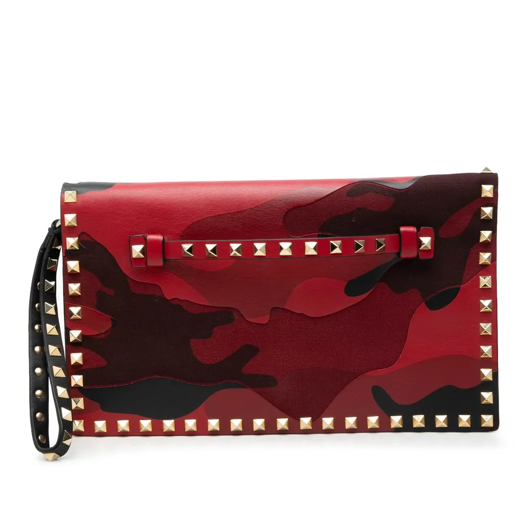 Valentino Canvas and Nappa Camouflage Rockstud Wristlet Clutch Red Very good - Front View