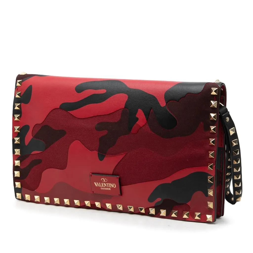 Valentino Canvas and Nappa Camouflage Rockstud Wristlet Clutch Red Very good - Back View
