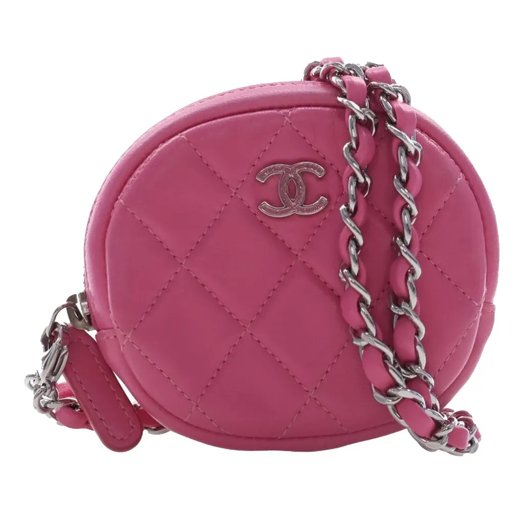 Chanel CC Quilted Lambskin Zip Around Coin Pouch with Chain Pink Leather Very good - Front View