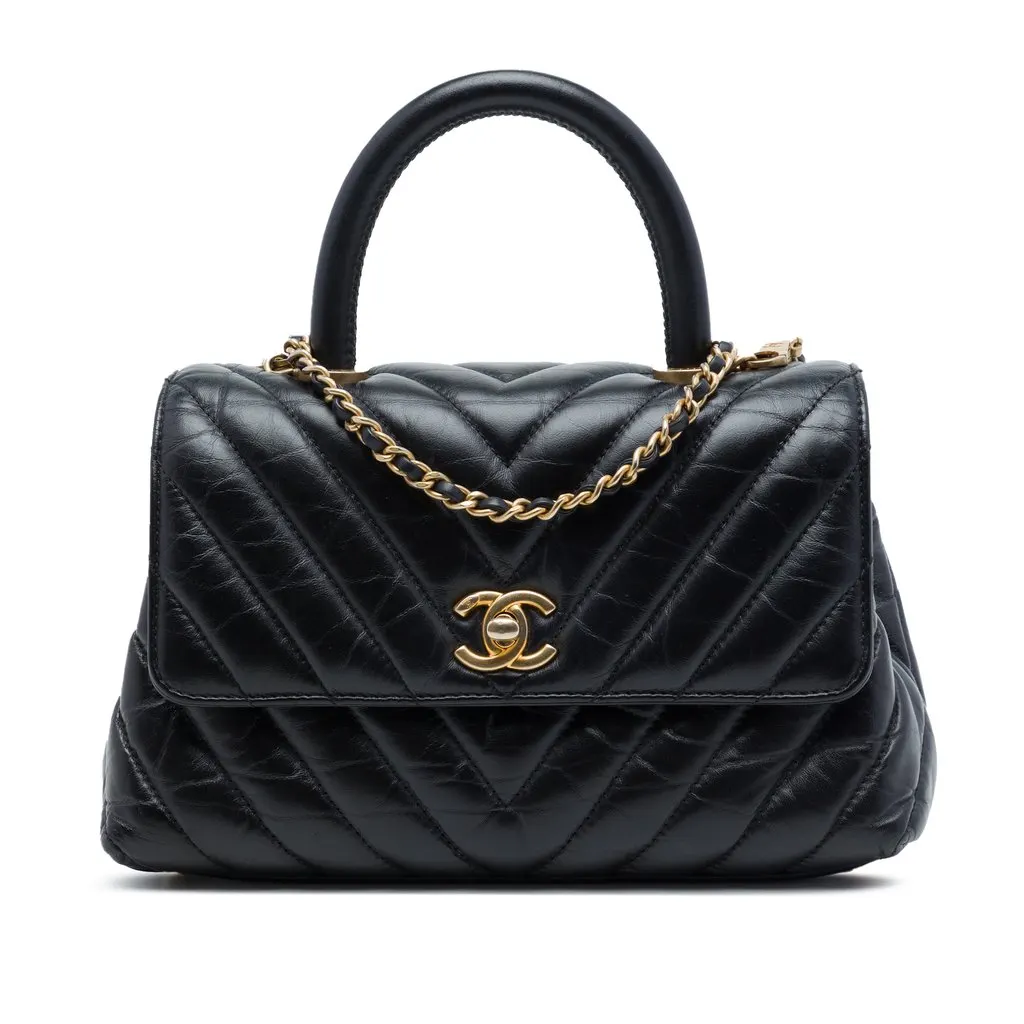 Chanel Mini Chevron Aged Calfskin Coco Top Handle Bag Black Leather Very good - Front View