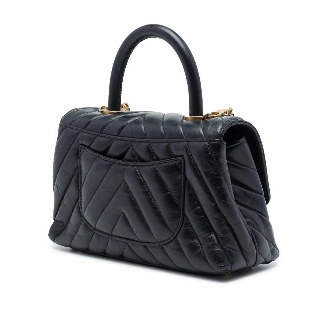 Chanel Mini Chevron Aged Calfskin Coco Top Handle Bag Black Leather Very good - Back View
