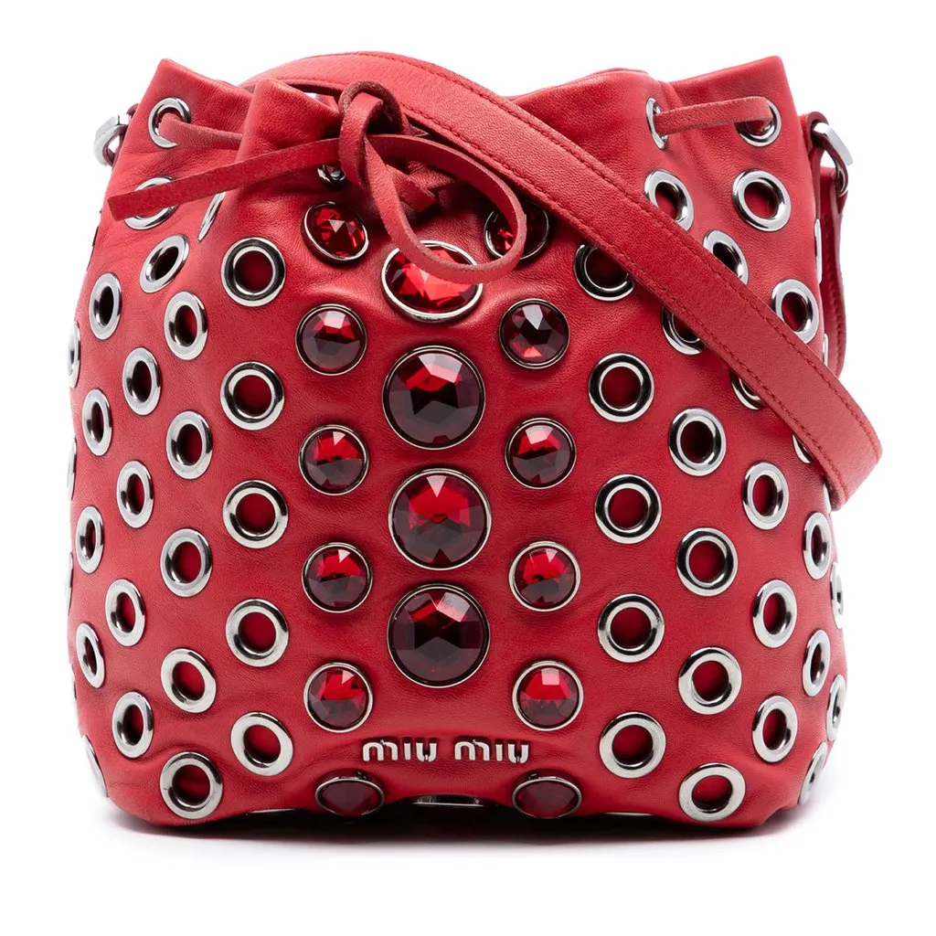 Miu Miu Jeweled Nappa Grommet Starlight Bucket Bag Red Leather Very good - Front View