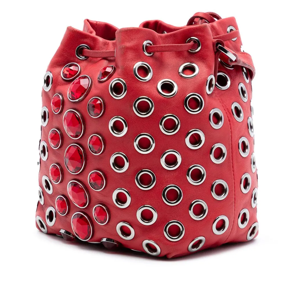 Miu Miu Jeweled Nappa Grommet Starlight Bucket Bag Red Leather Very good - Back View