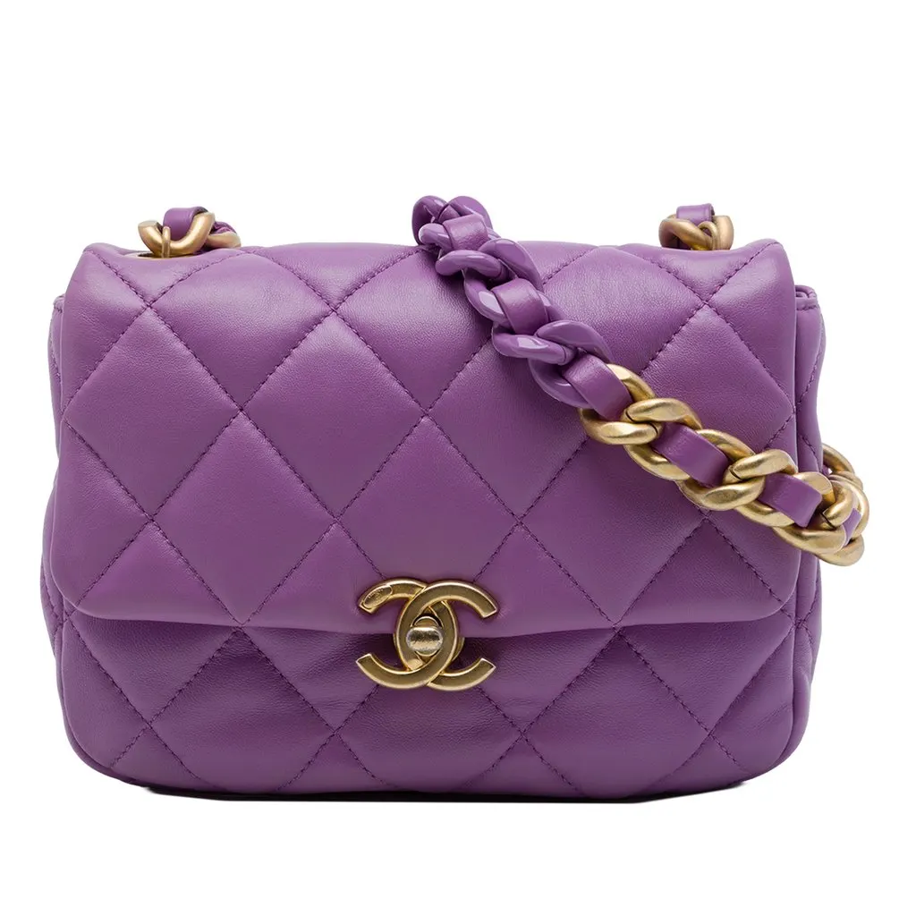 Chanel Mini Quilted Lambskin Lacquered Chain Flap Purple Leather Good - Front View