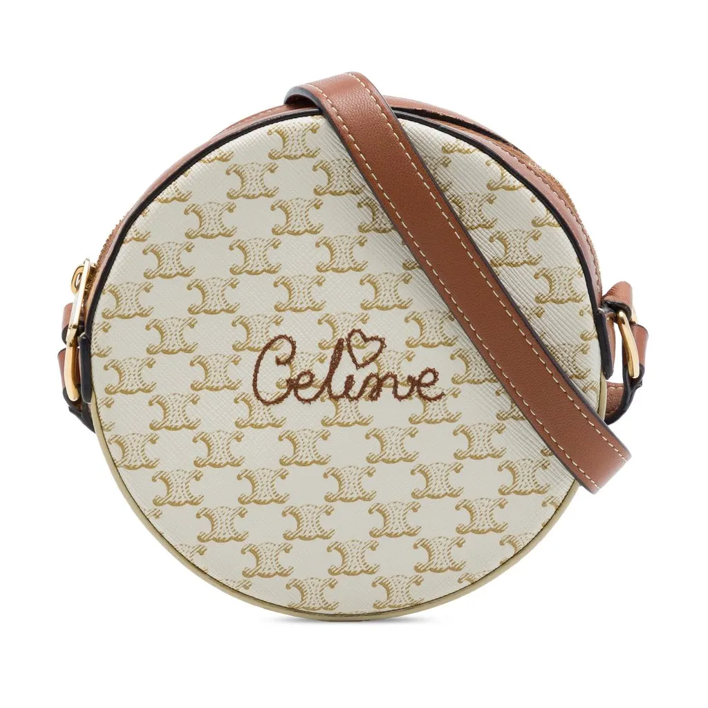 Celine Triomphe Coated Canvas Embroidered Round Purse on Strap White Very good - Front View
