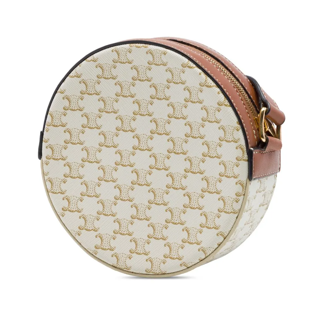 Celine Triomphe Coated Canvas Embroidered Round Purse on Strap White Very good - Back View