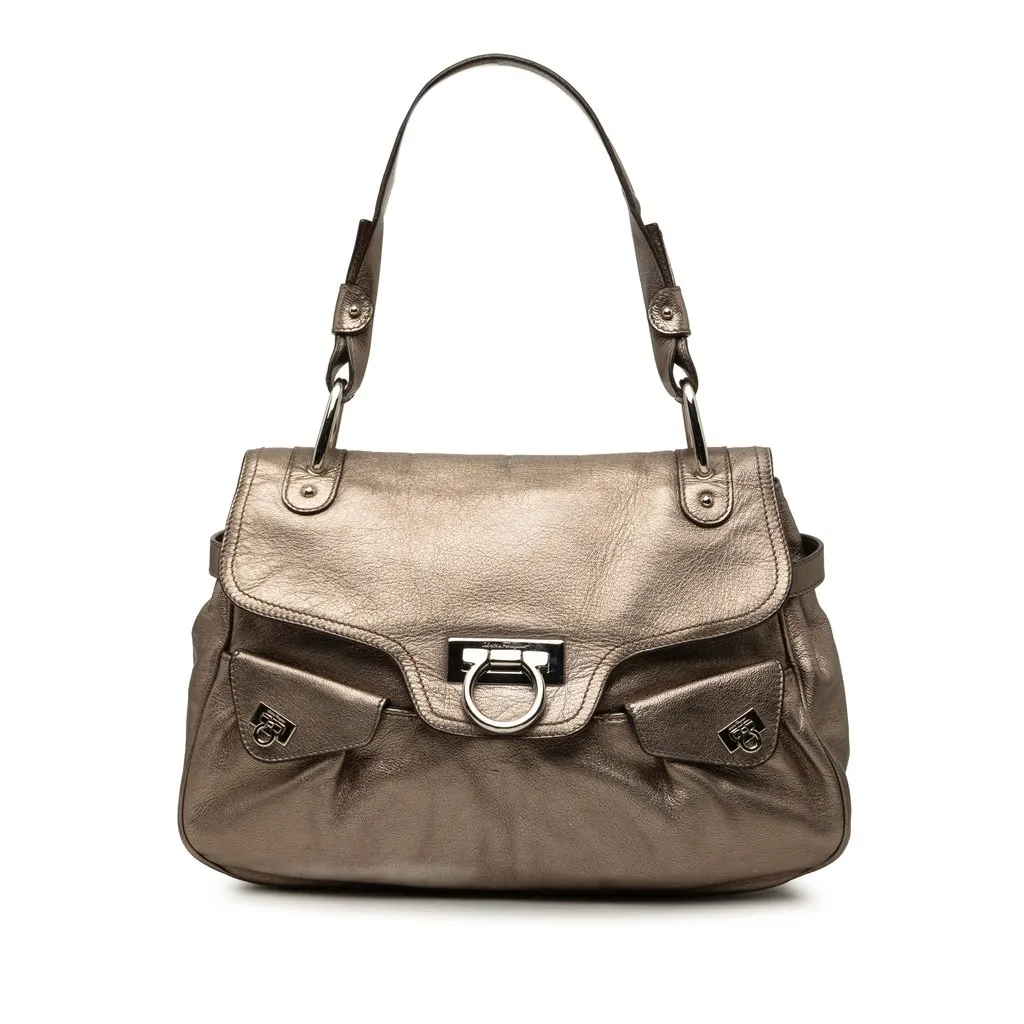 Ferragamo Metallic Leather Gancini Shoulder Bag Brown Leather Very good - Front View