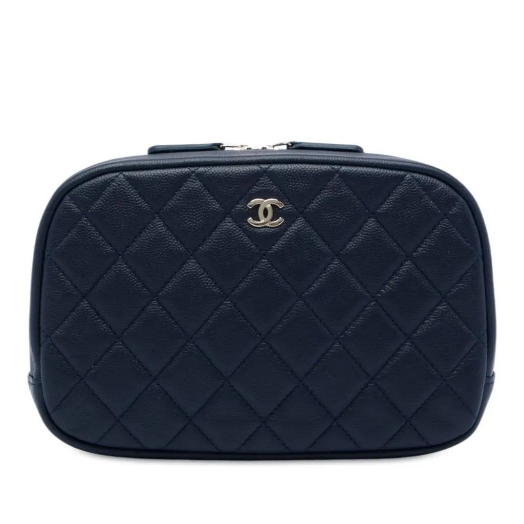 Chanel Large Quilted Caviar Curvy Cosmetic Pouch Blue Leather Very good - Front View
