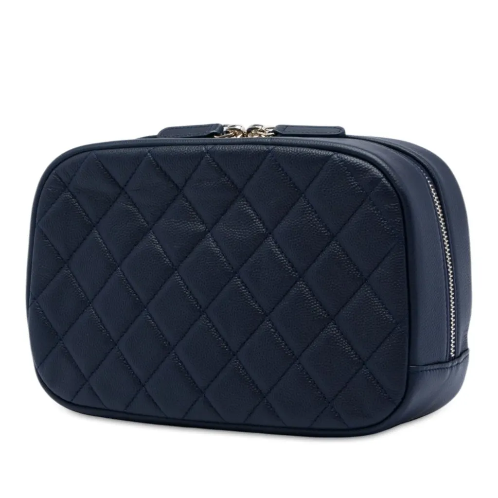 Chanel Large Quilted Caviar Curvy Cosmetic Pouch Blue Leather Very good - Back View
