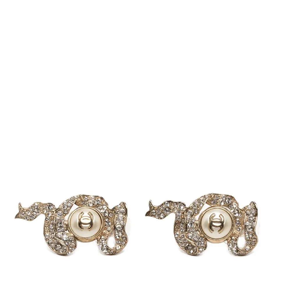 Chanel CC Gold Plated Strass and Faux Pearl Ribbon Bullet Back Earrings Gold Metal Very good - Front View
