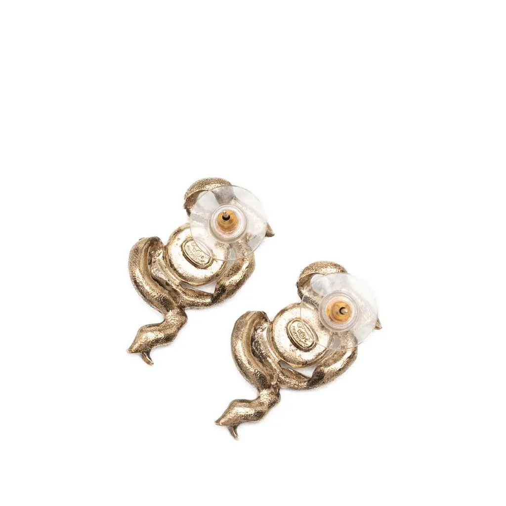 Chanel CC Gold Plated Strass and Faux Pearl Ribbon Bullet Back Earrings Gold Metal Very good - Back View