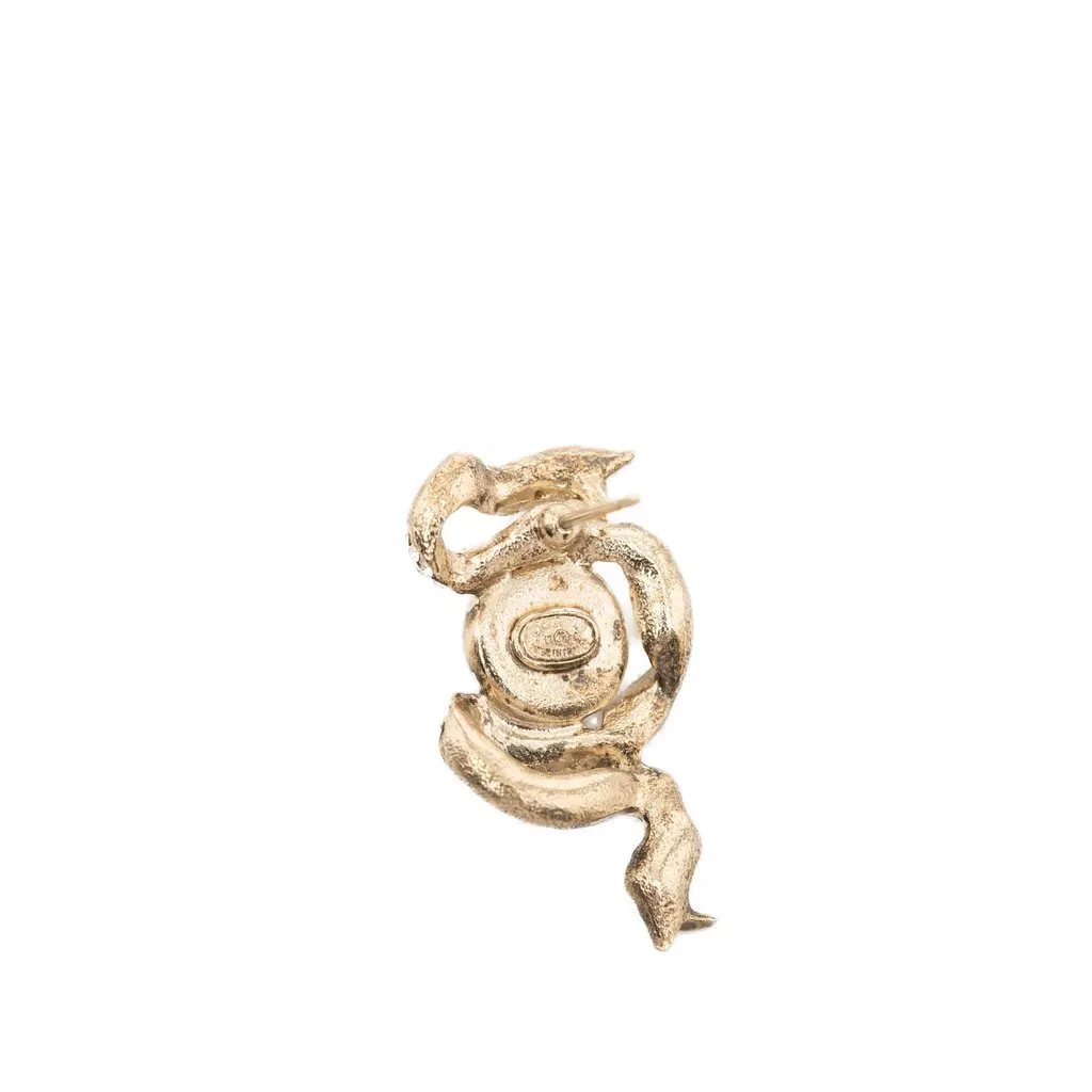 Chanel CC Gold Plated Strass and Faux Pearl Ribbon Bullet Back Earrings Gold Metal Very good - Inside View
