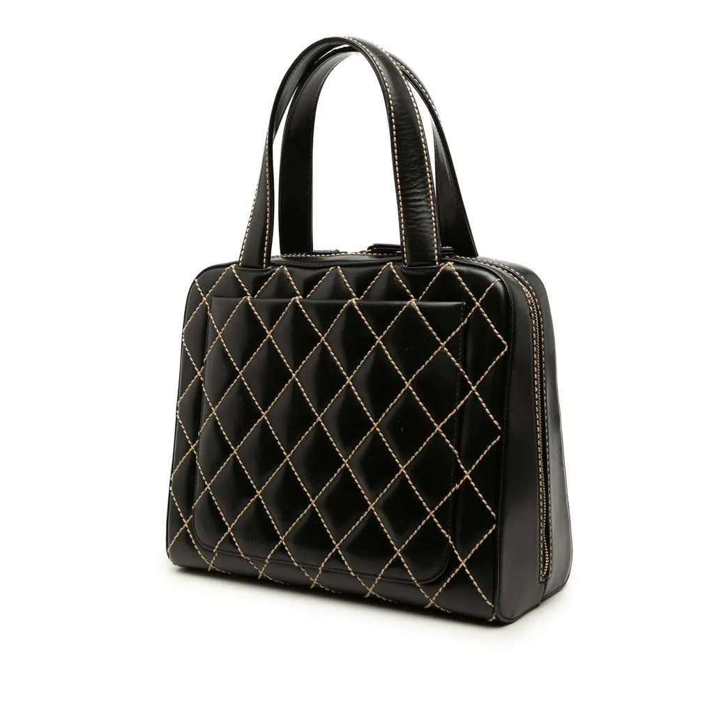 Chanel CC Lambskin Wild Stitch Handbag Black Leather Very good - Back View