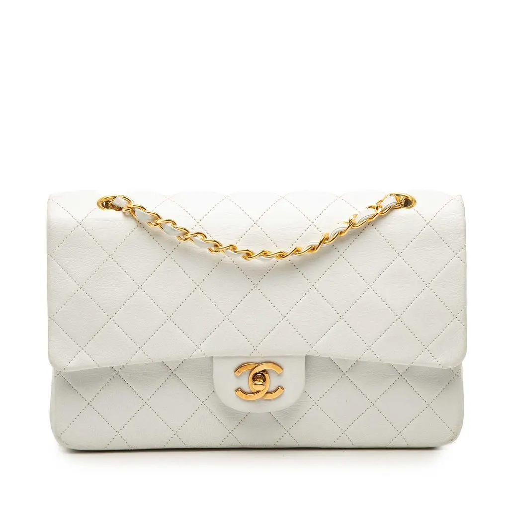 Chanel Medium Classic Lambskin Double Flap White Leather Very good - Front View