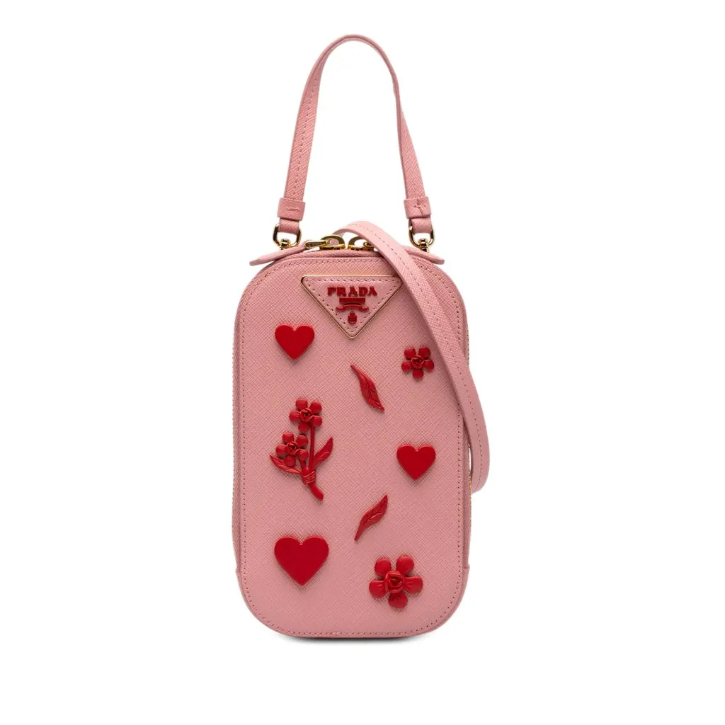 Prada Embellished Saffiano Lux Phone Pouch Pink Leather Good - Front View