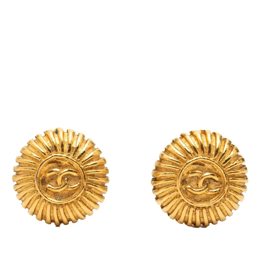 Chanel Gold Plated CC Sunburst Clip On Earrings Gold Metal Very good - Front View