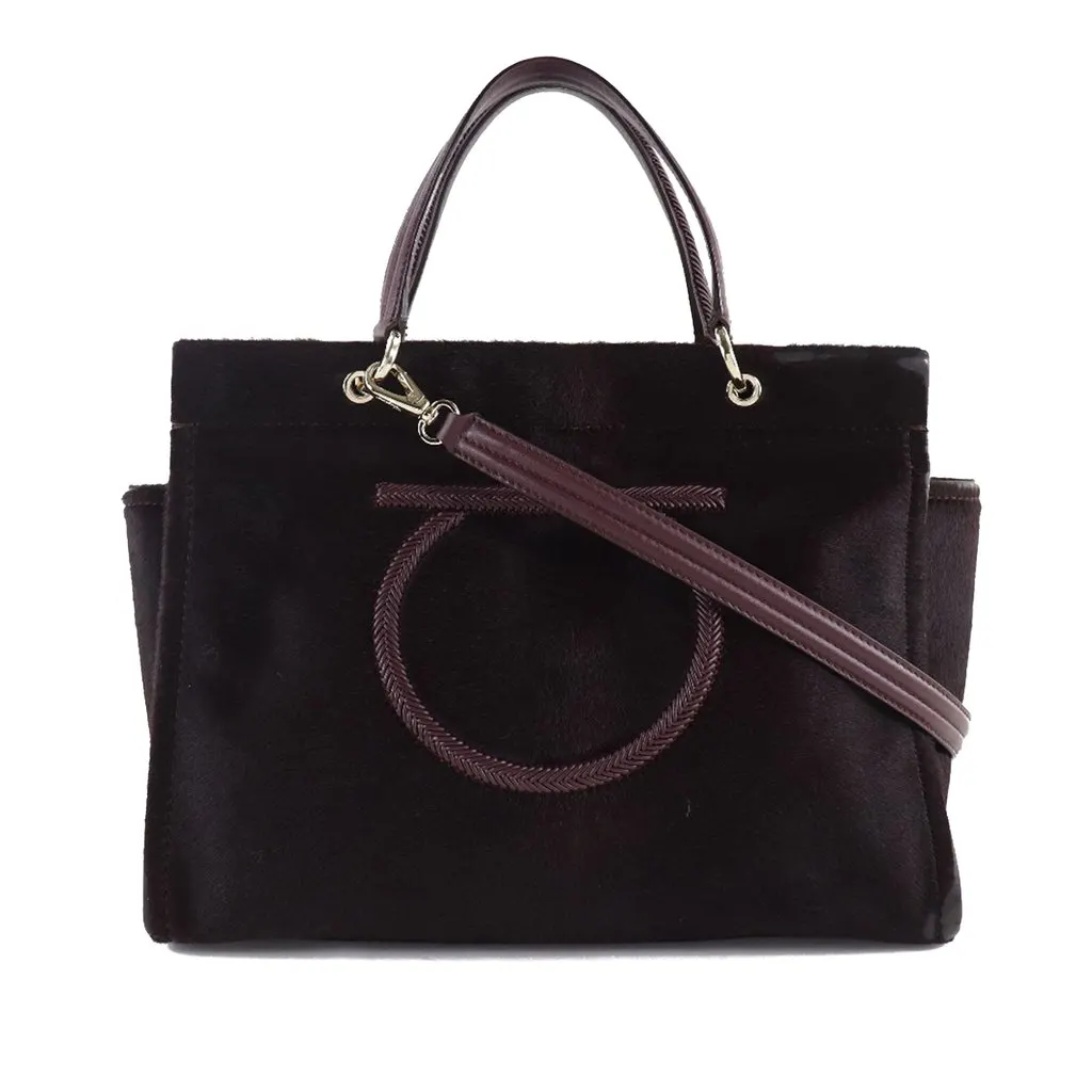 Salvatore Ferragamo Pony Hair Gancini Satchel Brown Leather Very good - Front View