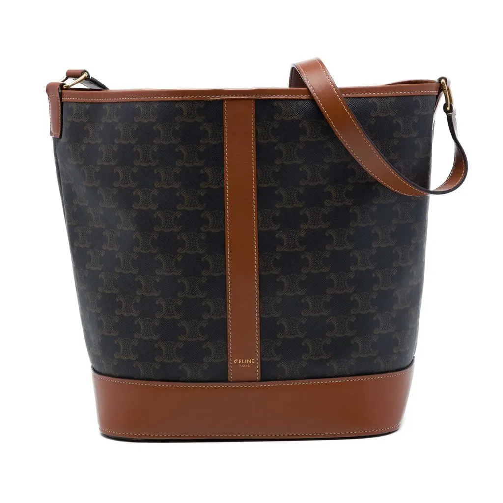 Celine Medium Triomphe Coated Canvas Bucket Bag Brown Very good - Front View
