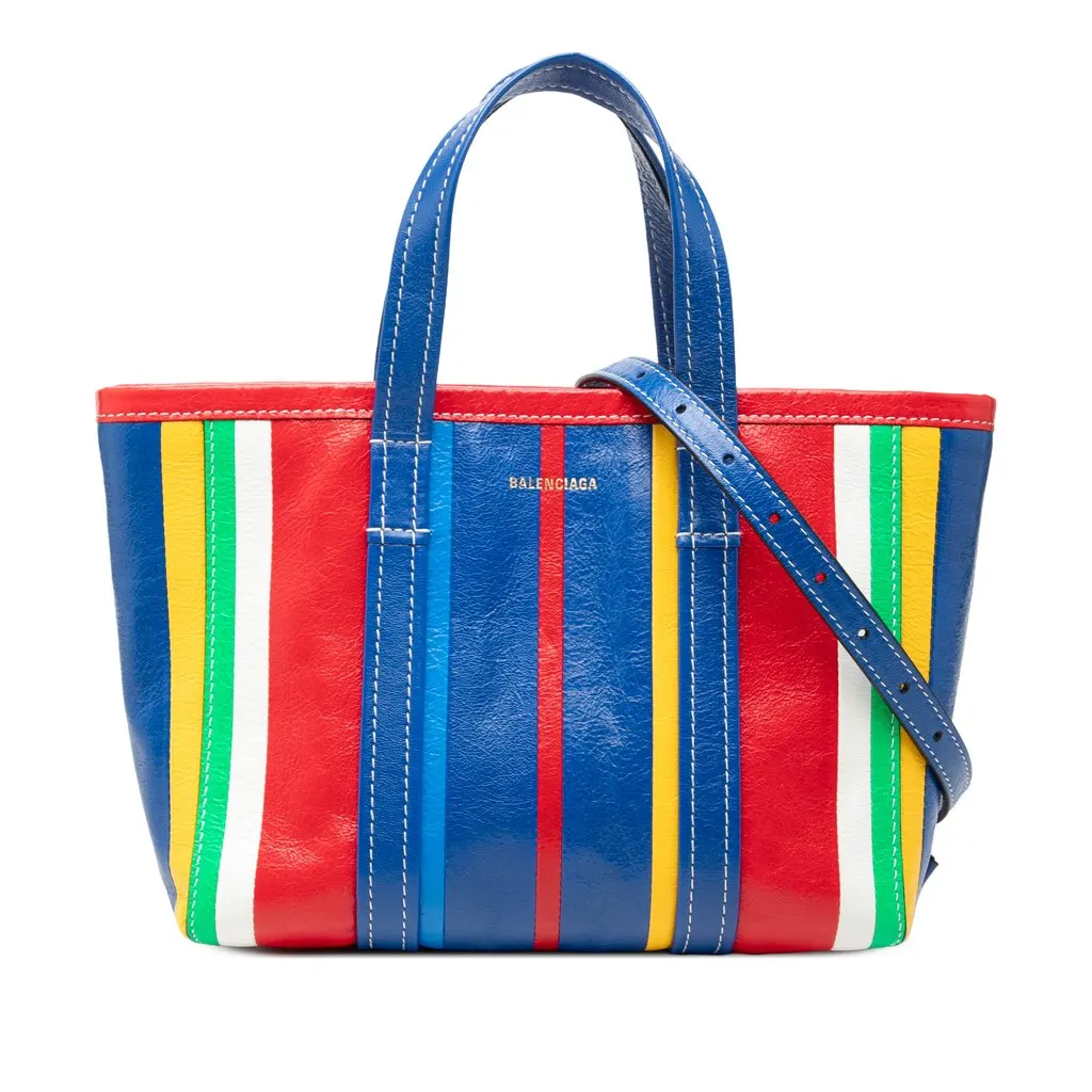 Balenciaga Small Lambskin Striped Barbes East West Shopper Tote Blue Leather Very good - Front View
