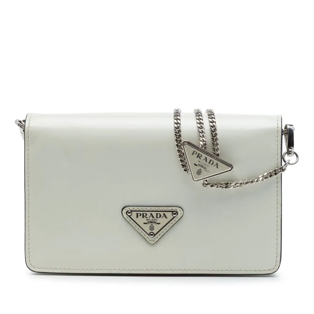 Prada Mini Brushed Leather Chain Crossbody White Leather Very good - Front View