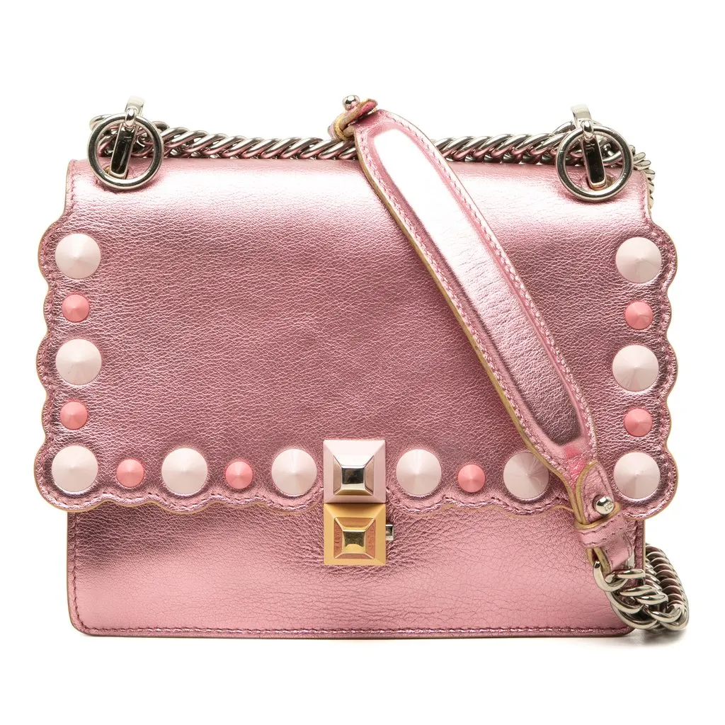Fendi Mini Scalloped Metallic Studded Leather Kan I Crossbody Pink Leather Good - Front View