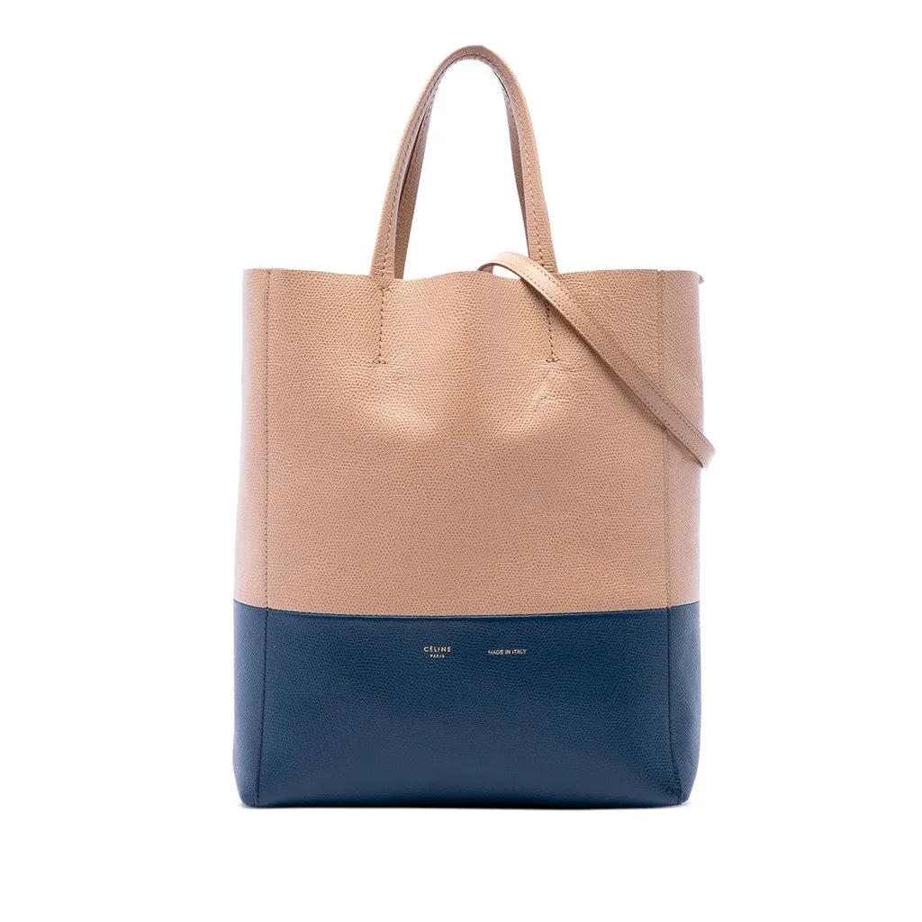 Celine Small Bicolor Grained Calfskin Vertical Cabas Tote Beige Leather Good - Front View