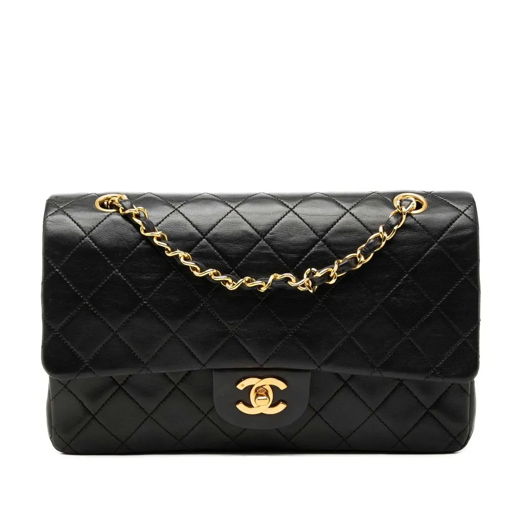 Chanel Medium Classic Lambskin Double Flap Black Leather Very good - Front View