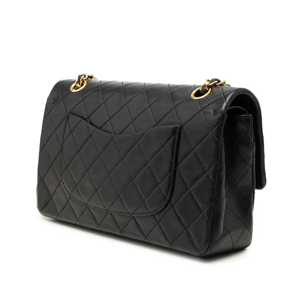 Chanel Medium Classic Lambskin Double Flap Black Leather Very good - Back View