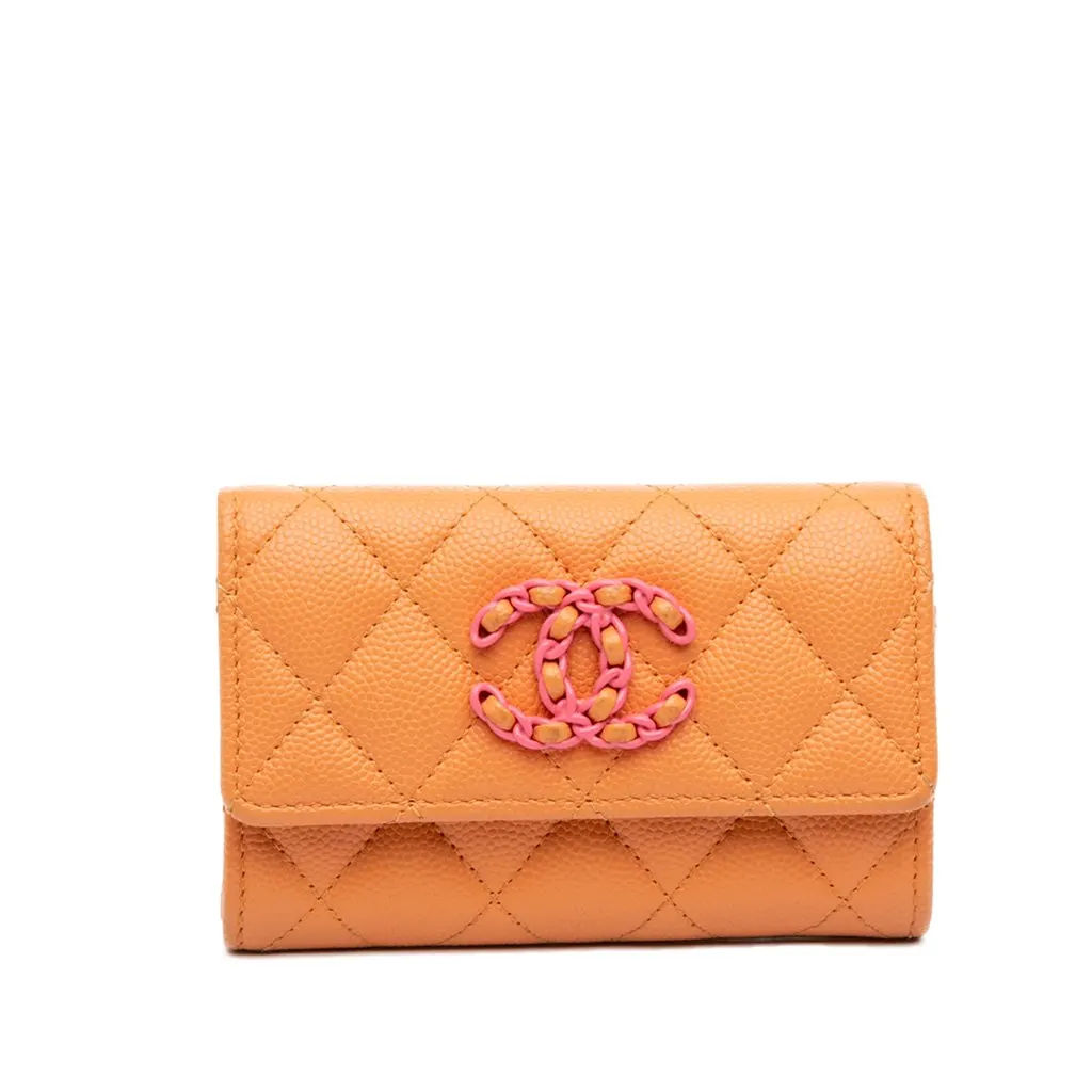 Chanel Quilted Caviar 19 Flap Card Holder Orange Leather Very good - Front View